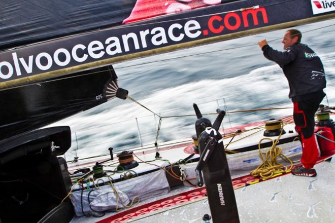 Jonathan Swain to leeward critiquing the trim of the jib. PUMA Ocean Racing powered by BERG during leg 4 of the Volvo Ocean Race 2011-12 © Amory Ross/Puma Ocean Racing/Volvo Ocean Race http://www.puma.com/sailing
